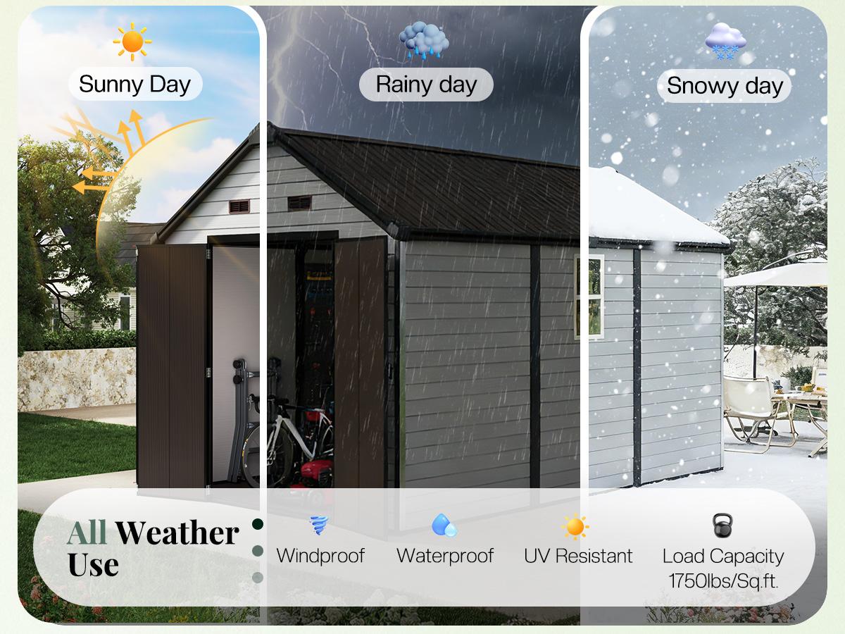 [Ships in 4 Boxes] AMERLIFE 8x13.5 FT Resin Storage Shed with Floor, Lockable Outdoor Storage Shed with Windows, Vents, All-Weather Use Plastic Structure for Garden, Backyard, Patio, Lawn – White & Brown