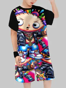 Boys' Colorful Street Hip-Hop Cartoon Cool Set, Unique Graphics Printed Short Sleeve Top and Shorts Two-Piece, Casual Fitted Daily Wear, Artistic
