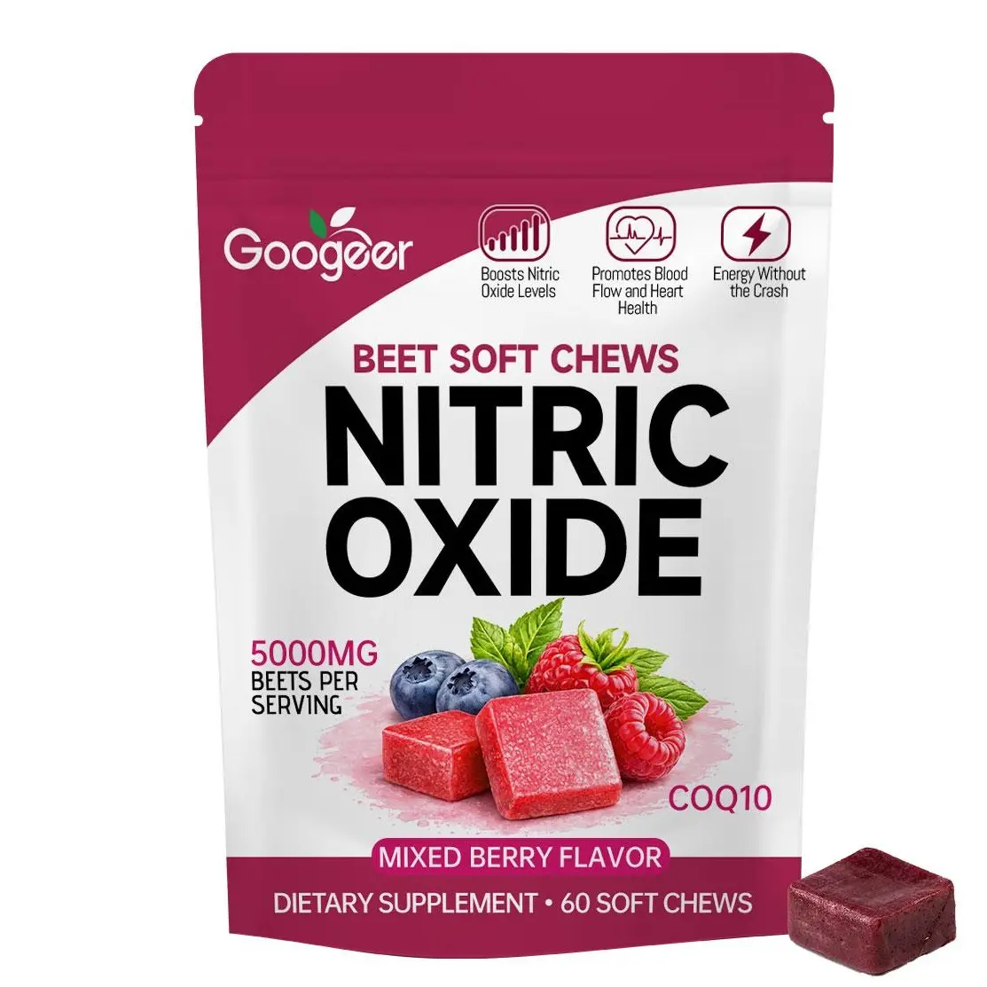 Nitric Oxide Beet Chews for Blood Pressure Support, 3-in-1 Formula with Beet Root, CoQ10 & Grape Seed Extract, Promotes Healthy Blood Circulation, Heart Health & Energy, 60 Chews