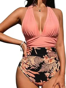 Women’s V-neck one-piece swimsuit, halter neck, backless, ruched, tummy control; women’s sexy tummy-control one-piece swimsuits, halter push-up swimwear; women’s retro deep V-neck bathing suit, backless, high-waisted one-piece swimsuit