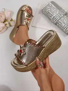 Elegant Floral Rhinestone Heeled Embellished Platform Sandals for Women, Casual PU Upper Rubber Sole Shoes, Split Design Plain Pattern