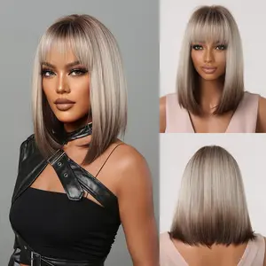 Ladies medium and long wig Christmas cosplay European and American style ladies wig, Qi bangs gradual change gray short hair bobo chemical fiber headgear
