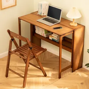 Walnut Brown Bamboo Folding Desk Space-Saving Home Office Study Table with Storage Shelves Steel Hinges Multi-Use Computer Writing Desk for Dorms Small Apartments