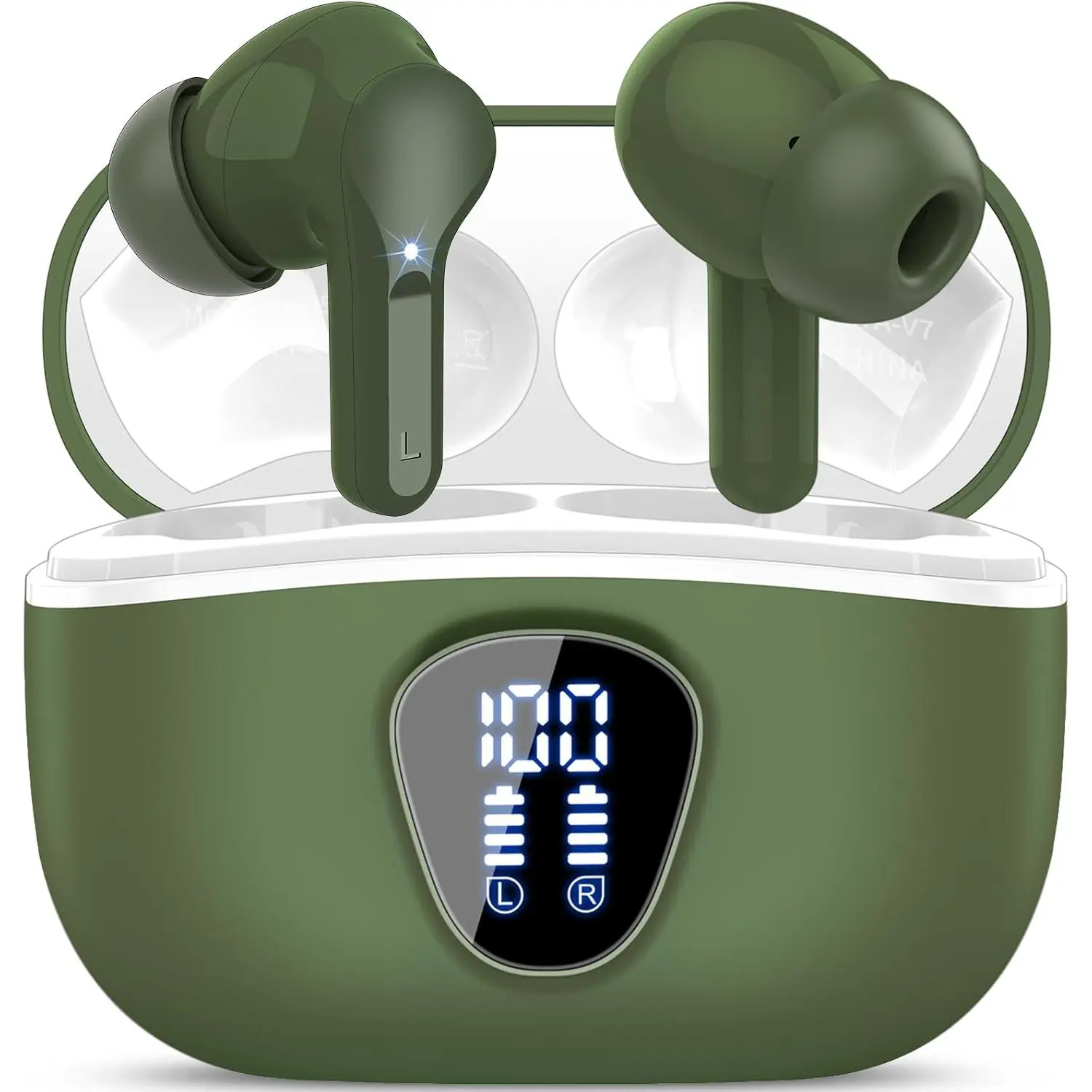 ,  5.4 Headphones HiFi Stereo,  Earbuds with ENC Noise Cancelling Mic, IP7 Waterproof in Ear Earphones, 48H, LED Display Ear buds for Pad Phones Workout Sports, Green
