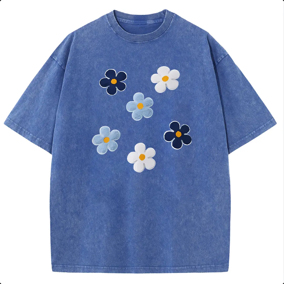 HarleyLand Oversize Acid Wash Vintage "Colorful Daisies" Graphic T-Shirt, Artistic Retro Floral Casual Graphic Tee, Heavyweight Cotton Streetwear Graphic Vintage Tees Unisex Crewneck Tshirt, 2026 New Color