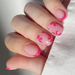 24 Pieces French Tip Press-On Nails, Flower Design, Glossy Acrylic Finish