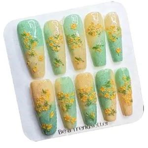 V85 Gradual yellow-green small yellow flower press on-nail long almond press  nails