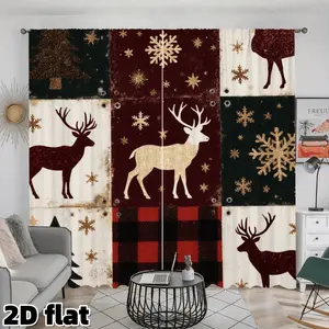 2D Flat 2Pcs Christmas Deer Snowflake Pattern Curtains Buffalo Plaid Patchwork Design Semi Sheer Rod Pocket Panels Rustic Holiday Theme Living Room Bedroom Window Treatment Farmhouse Decor Home Privacy Protection Privacy Grommet Curtains