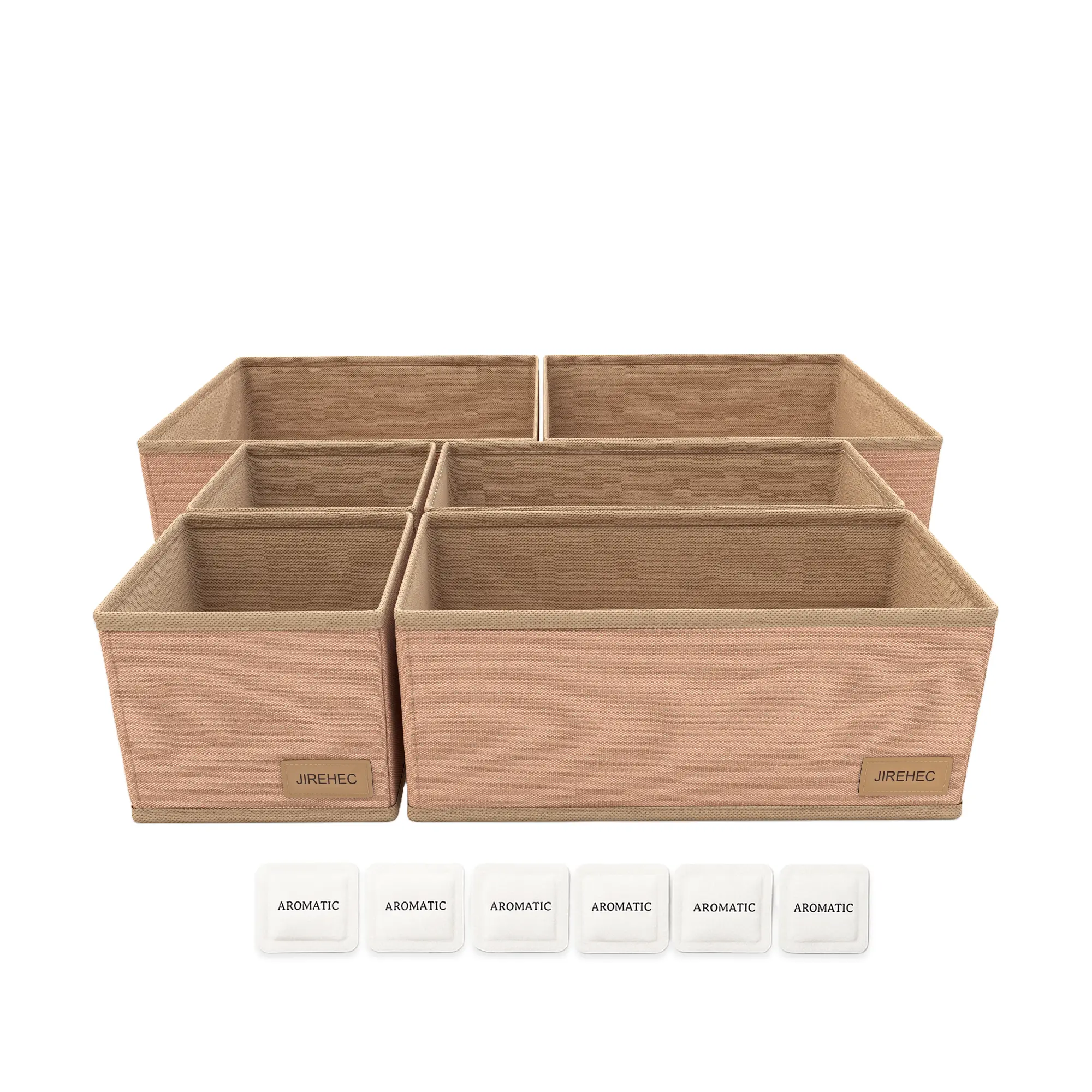 JIREHEC 6-Piece Modern Rigid Perfumed Clutter-Free Clothing Drawer Organizers, Foldable 600D Oxford Fabric Storage Boxes with Zipper, Cream, for Underwear/Bras/Socks, Includes Lavender Aromatic Sachets, Six-Piece Storage Boxes