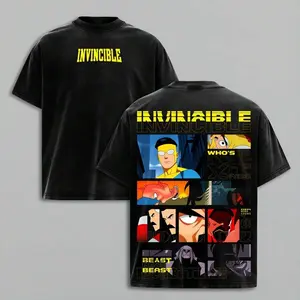 Vintage Washed Black T-Shirt with Multi-Panel Superhero Collage & Bold Letter Graphic, Casual Loose-Fit Short Sleeve Tee, Unisex Fashion Streetwear for Men Women, Ideal for Dark Comic Style & Everyday Wear