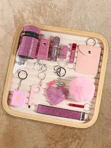 Women's Elegant Rhinestone Decor Keychain Set, Cute  Pink Charms Keychain with Storage Bag & Wristband & Puff Ball & More, Fashion Accessories for Women & Girls