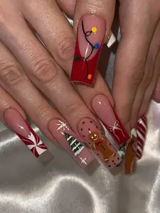 24Pcs Long Coffin Press-On Nails | Christmas Gingerbread, Tree, Snowflake & Bow Design