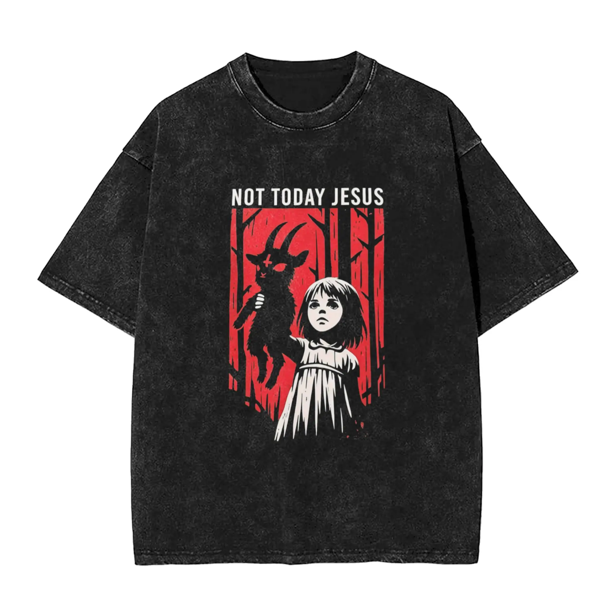Retro Washed Black Tee Not Today Satan Jesus Goat Girl Horror Print Gothic Alt Streetwear Oversized Cotton Graphic T Shirt Unisex