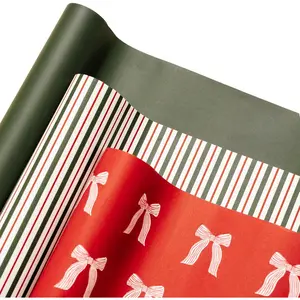 Christmas Wrapping Paper Rolls,  Matte  Wrap, 30" x 168" Large Roll, Bows Stripes Design, Holiday  Wrapping