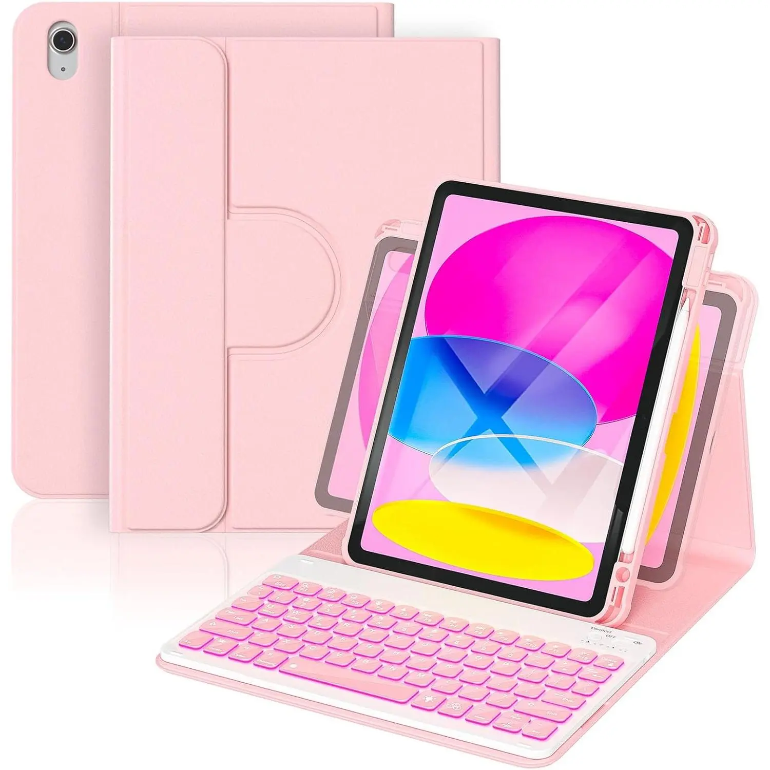 PU Leather Tablet Case Accessories for iPad 11th Gen 2025 & 10th Gen 10.9" 2022 (A16 Compatible) - 360-Rotation, Rechargeable, Rainbow 7-Color Backlit Detachable Keyboard, Adjustable Pencil Holder for Mobile Devices, 360° Rotate, Auto Sleep & Wake Functio