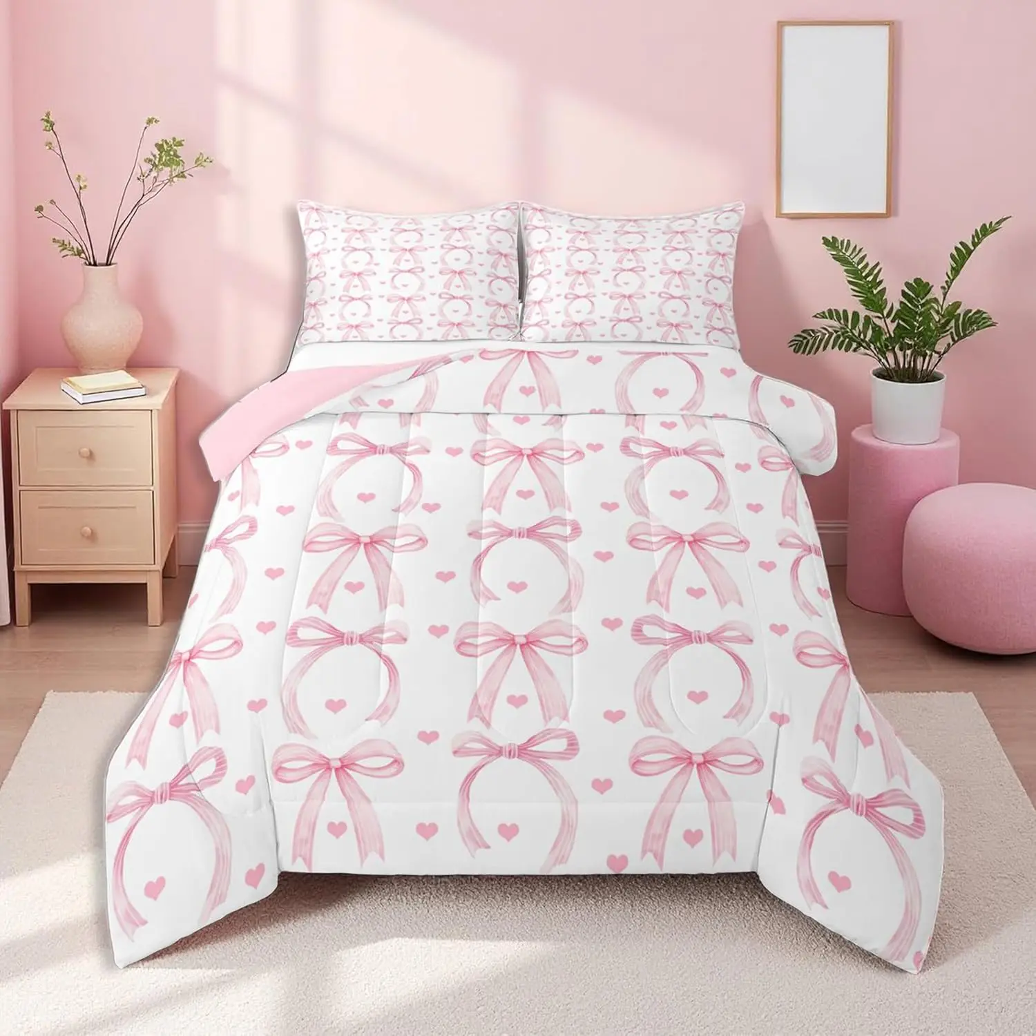 Pink Bow Bedding Set for Ribbon Bowknot Love Comforter Set Kawaii Room Decor Pretty Trendy Princess Bed Sety Pink Bows Heart Bowtie Bedding Comforter Sets,1 Pillowcase