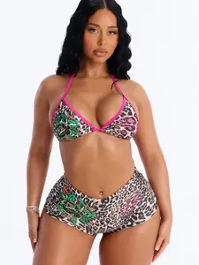 Ed Hardy Leopard Rhinestones Boyshort 2 Piece Bikini - Brown/combo