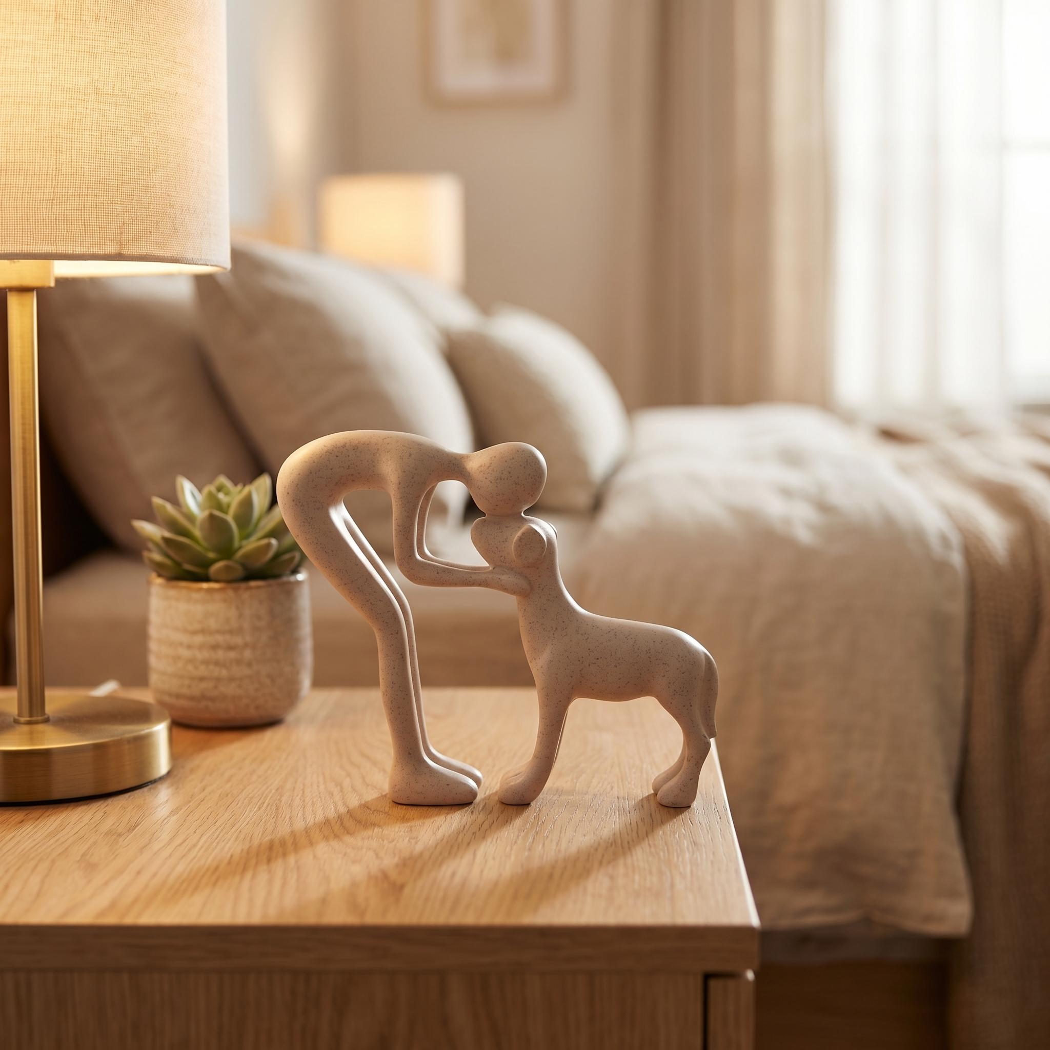 Modern human–dog bond sculpture, heartfelt pet memorial gift, handcrafted wooden-style decor, aesthetic minimalist statue, meaningful office desk display, anniversary decor for dog lovers