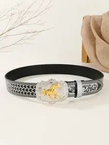 Western Polygonal Cow Skull Belt, Denim Style Leather Strap, Animal Alloy Buckle PU Embossed Material, Trendy Accessory, Boho Style Belt