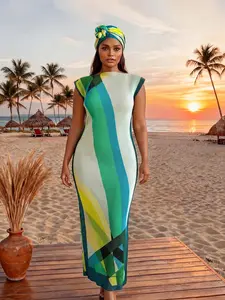 Elegant Patchwork Print Robe Set, Multicolor Shawl Dress + Headscarf Scarf, Casual Beachwear Sun Protection Swim Cover Ups Satin Silk Wrap Swimwear Cover Up