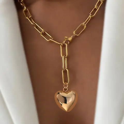 Women's Fashion Heart Pendant Necklace, Exaggerated Chain Design, Versatile Pin Brooch Jewelry, Elegant Accessory for Women, Heart Shaped Necklace, Bold Chain, Love Heart Necklace, Trendy Jewelry
