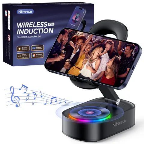 Wireless Induction Bluetooth Small Speaker Stand - 5-in-1 Cellphone/Tablet Holder, 2000mAh Portable Charger, 360° Adjustable, Colorful Ambient Light, Music Setup for Camping, Fitness, Birthdays Gifts