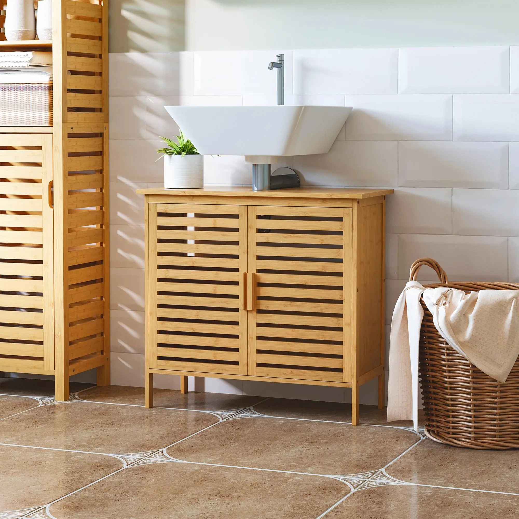 Freestanding Bathroom Sink Cabinet Bamboo Under Sink Cabinet Cupboard Organizer with 2 Slatted Doors Natural U-shaped Design for Maximized Storage Space-Saving Eco-Friendly Look