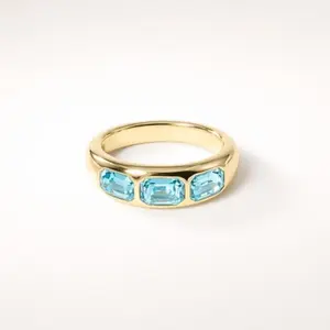 14K Gold Plated Triple Emerald-Cut Aquamarine Blue Dome Ring  Chunky Statement Band for Women