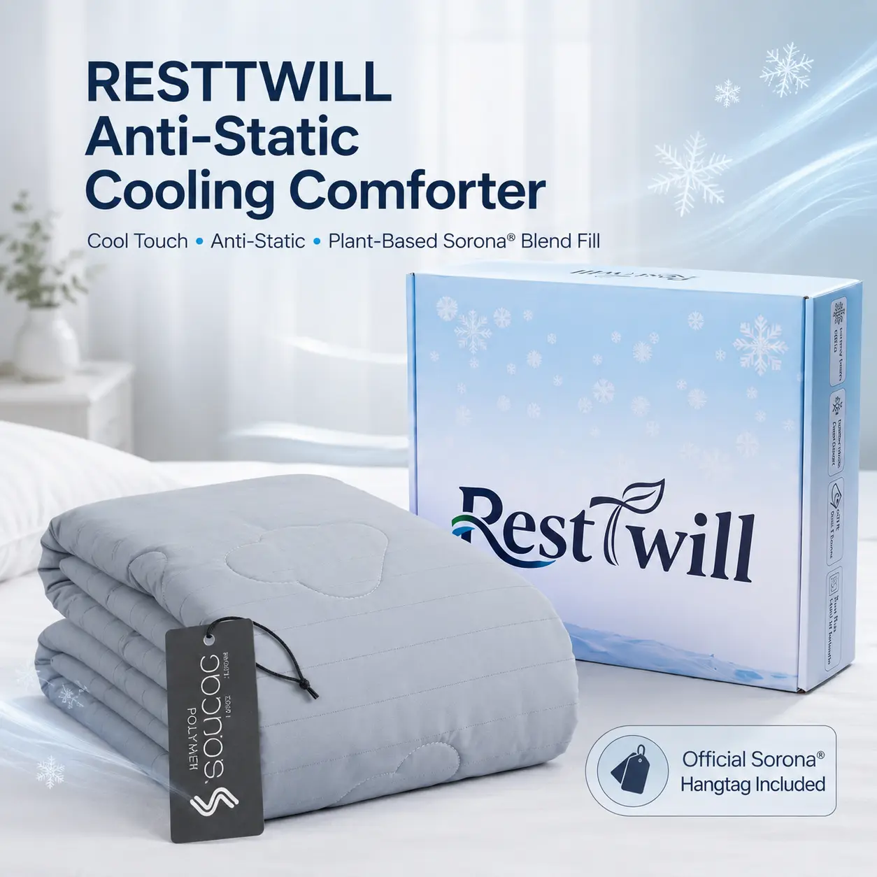 Anti-Static Cooling Comforter for Hot Sleepers, Double-Sided Q-Max 0.4+ Cool Touch Summer Quilt with Plant-Based Sorona Blend Fill, Lightweight Breathable Gray Blanket