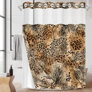 1pc hookless shower curtain with buckle lining, Shower Curtain Liner, tan and black leopard print pattern design, 2D flat printing, fabric waterproof lining, see-through double-layer shower curtain, 71 x 74 inches, home draping curtain