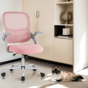 Home Office Computer Gaming Desk Chair, Mid-Back Mesh Rolling Work Swivel Task Chairs with Wheels, Comfortable Lumbar Support, Comfy Arms for Bedroom, Study, Student, Adults, Pink Office Computer Desk Chair, Ergonomic Mid-Back Mesh Rolling Work Swivel Tas