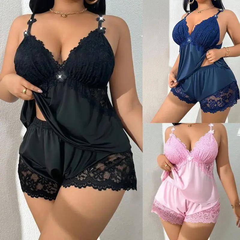 AVTKV Women's 3-Pack Lace Trim Plus Size Pajama Set - Cozy Soft Adjustable Strap Cami Top & Shorts, Machine Washable All-Season Sleepwear Loungewear for Valentine's Day, Pajama Party, Basic Black Minimalist Fit