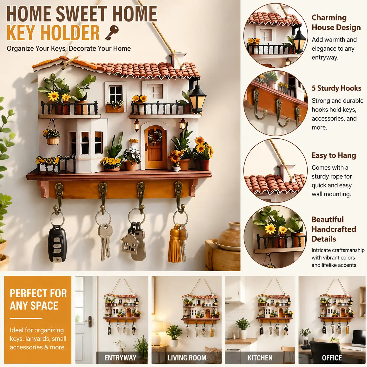 2D Home Sweet Home Key Holder with 5 Studly Hooks Charming House Design for Entryway Living Room Kitchen Office Decor