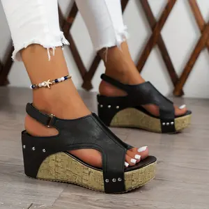 Comfy Summer Wedge Women's Vintage Platform Sandals, Peep Toe Side Cut Out Slingback Casual Shoes Girl Footwear Wooden Open Toe Clogs Stylish Khaki platform sandals wide feet sandals Flatform