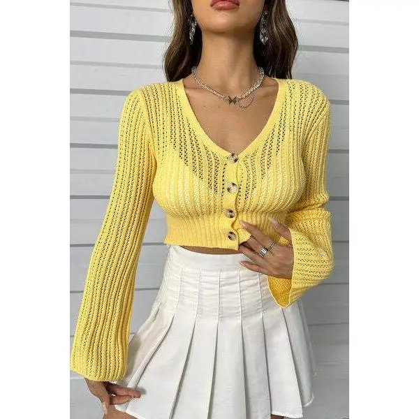 Openwork Button Up Long Sleeve Cropped Cardigan