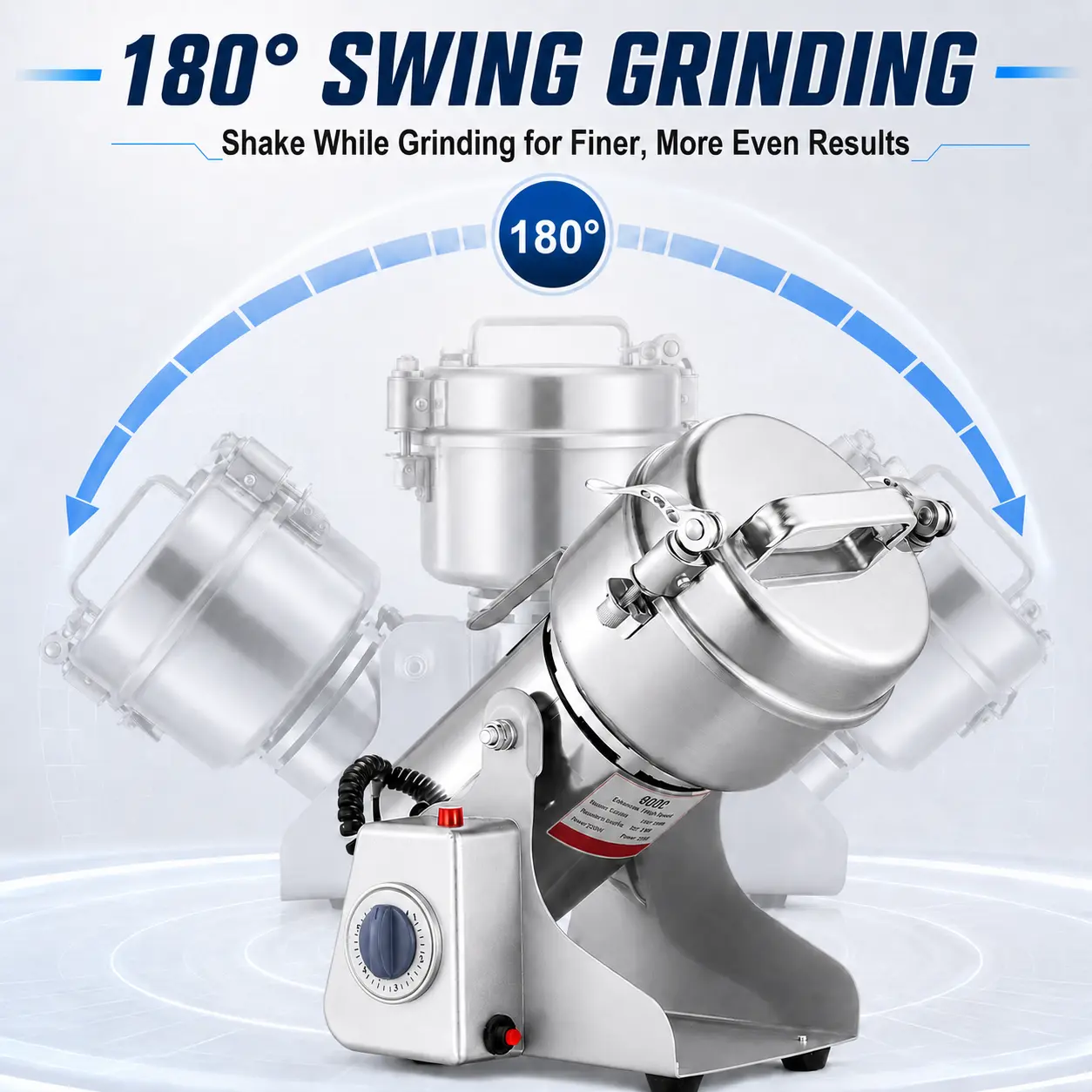 Electric Grain Mill Grinder, made of stainless steel. Features 30-second fast grinding, a powerful 30,000 RPM motor, overload protection, and a 5-minute timer. Suitable for grinding dry spices, herbs, nuts, coffee beans, rice, and other dry ingredients.