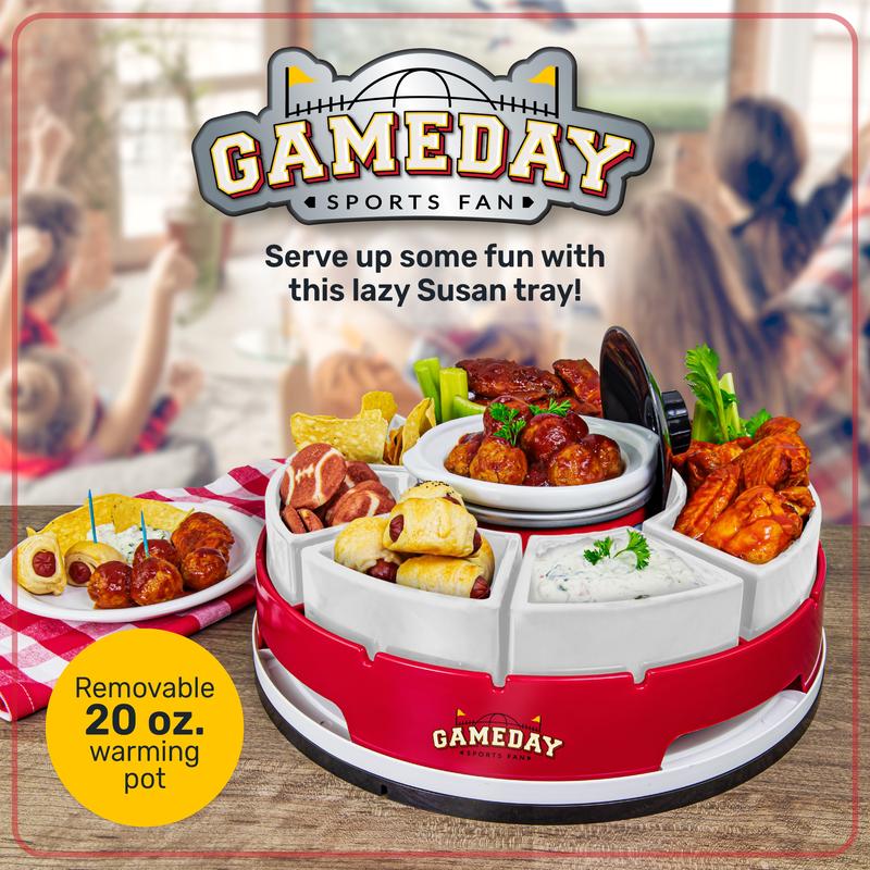 Game Day Lazy Susan Appetizer Server 20-OZ Ceramic Heating Pot with 6-Section Tray for Dippable Snacks