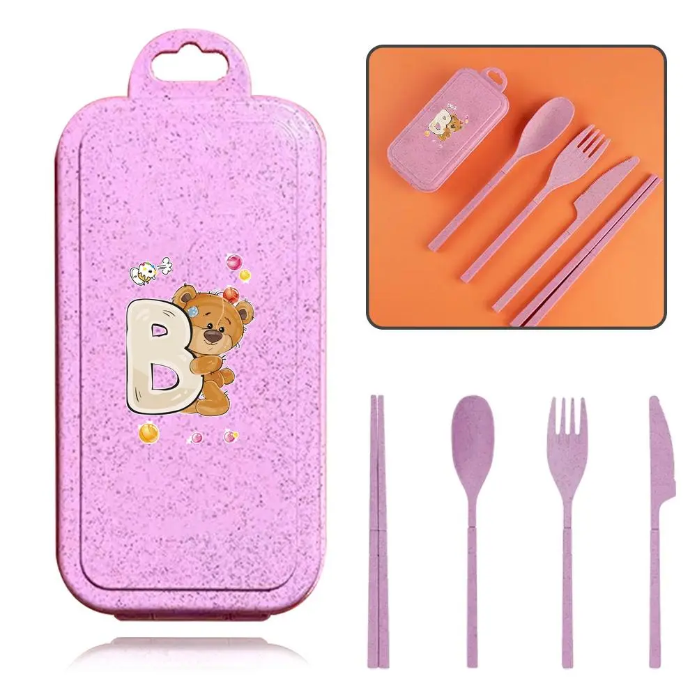 Initial Letter & Cartoon Pattern Cutlery Set, 4 Counts/set Including Spoon, Fork, Knife & Chopsticks with Storage Box, Reusable Tableware Set for Indoor & Outdoor