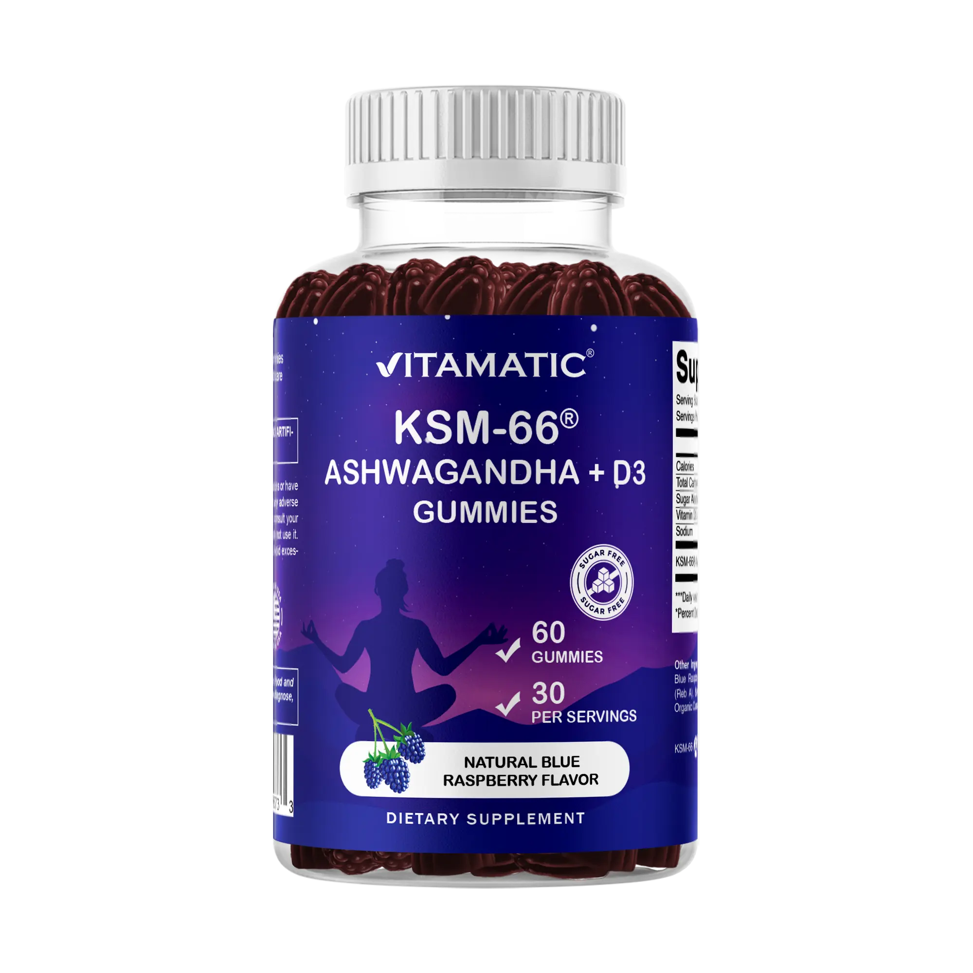 Vitamatic KSM-66 Ashwagandha + Vitamin D3 Natural Chewable Gummies, Ashwagandha Stress Relief Blended Vitamins & Minerals Supplement, Organic Blue Raspberry, Sugar-Free, Gluten-Free, Non-GMO, 60-Count, Ashwagandha Stress Relief Blended Vitamins And Minera