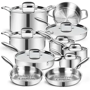Stainless Steel Cookware Set 3 Ply 17 Piece Induction Compatible PFOA Free PTFE PFOS Free Oven Dishwasher Safe Frying Pans Saucepans Saute Pan Stock Pot