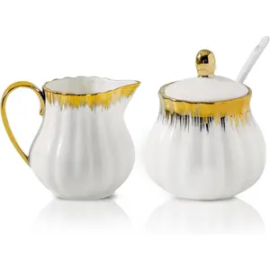 Ceramic 3 Piece Sugar and Creamer Set, White with Gold Trim, Includes 10oz Cream Pitcher, 11oz Sugar Bowl with Lid and Spoon, Coffee Serving Set for Café Afternoon Tea