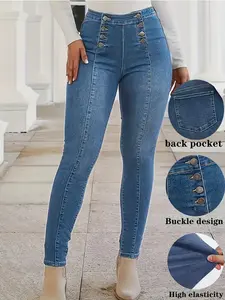 Women's Slim Fit Jeans [Double-Breasted Magic Jeans] 60% Combed Cotton Stretch Slim Jeans | French Vintage Style, Perfect for Pear-Shaped Body