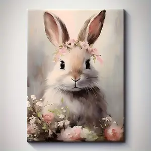 1pc Wrapped Solid Wood Frame, Exquisite Poster. Happy Easter, Vintage Cute Bunny Wearing Pink Wreath Creative Posters, Wall Art, Wall Decoration, Canvas Art, Home Decor Room Decoration