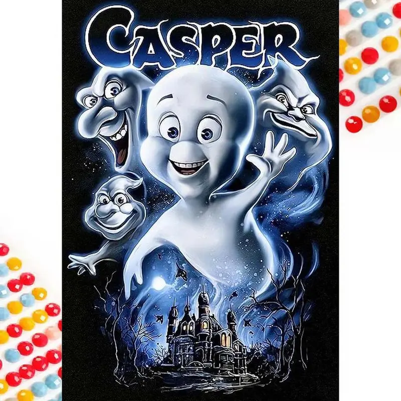 5D DIY Full Drill Round Diamond Painting, Diamond Art Painting Kit Casper Ghost Mosaic, Canvas, DIY Diamond Arts, DIY Decorative Handicraft Painting, Home Wall Decor, Suitable for Halloween and Christmas Gifts Diamond Painting