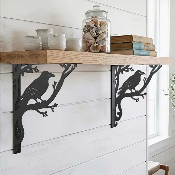 Bird-Design Cutout Floating Shelf Brackets (Set of 2) — Sturdy, durable, and easy-to-install wall-mounted brackets blending Asian Zen aesthetics; suitable for storage and decorative display in kitchens, bathrooms, bedrooms, and balconies.