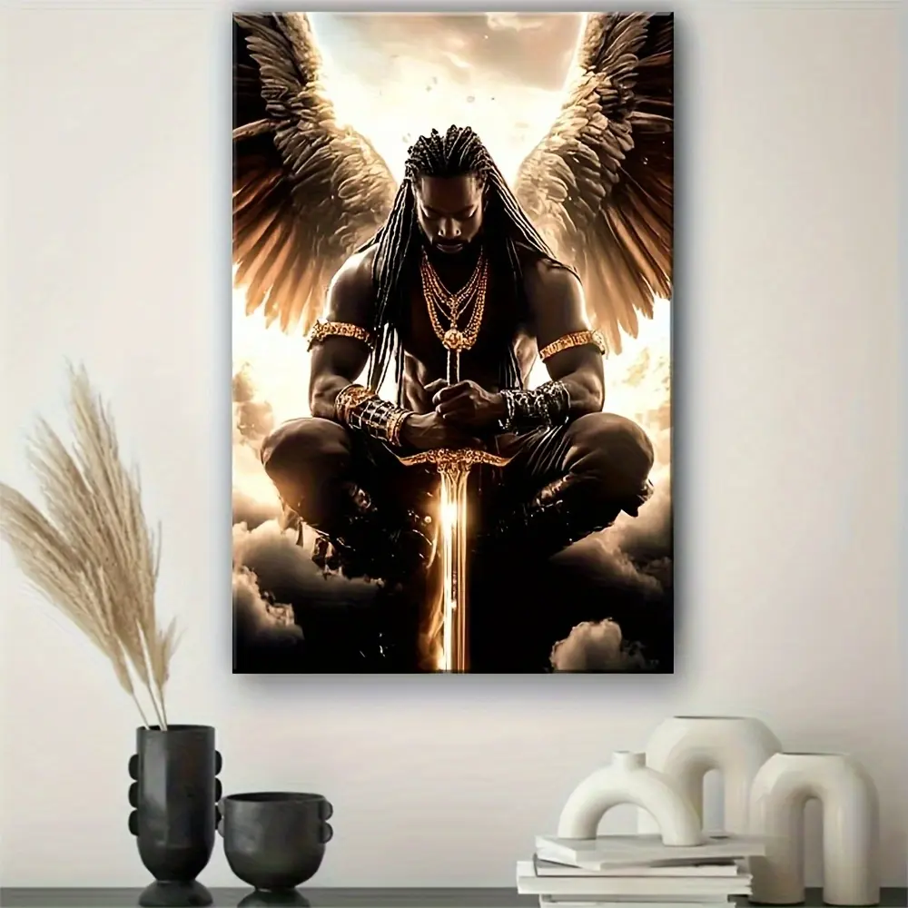 Artistic Angel Warrior Wings & Sword 2D Flat Graphic Print Hanging Wall Art - 16"x24"/20"x30" Sizes, Eco-Friendly, Vibrant Colors, Detailed Design, Living Room/Bedroom Home Decor Gift Supplies, Graphic Prints