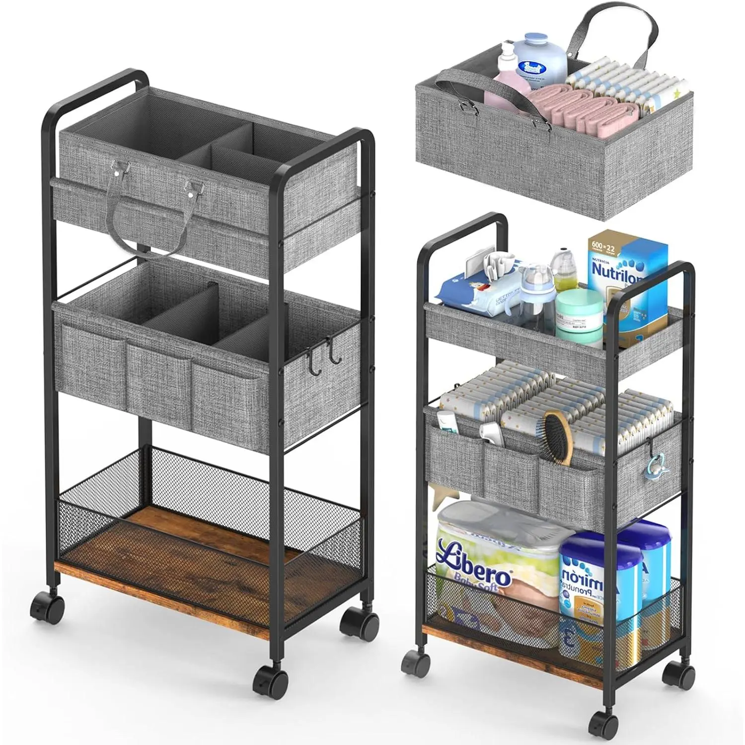 2In1  Diaper  & 3-Tier Rolling Diaper Cart, Diaper  Organizer Cart with Dividers, Mobile Metal Utility Cart for  Essentials, Detachable Bedside Cart, Large Capacity Racks Wooden