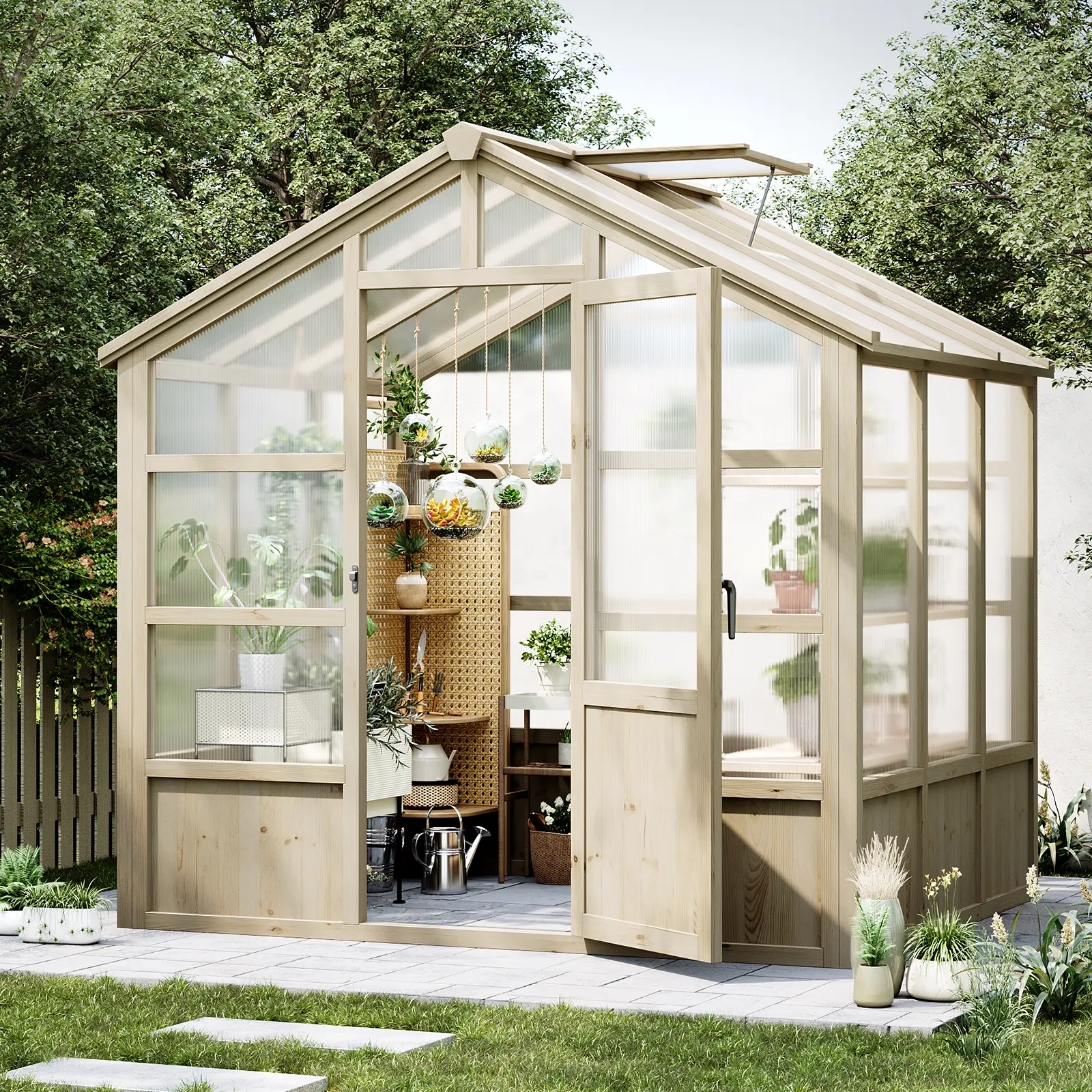 Heavy Duty Cedar Frame Garden Greenhouse Kit - 6mm Polycarbonate Panels, Lockable Door, Locks, Adjustable Roof Vent, Natural Light - Outdoor Adjustable Garden Building for Backyard Patio, Adjustable Outdoor Greenhouse