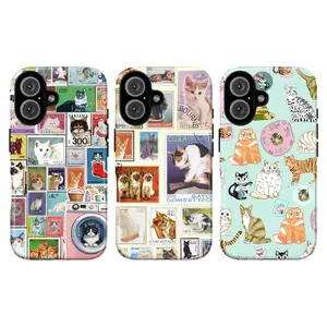 Vintage cat stamp collage phone case, compatible with iPhone17Promax -16plus-15-14-13-12. Fantasy cat illustrations, waterproof protective case, interesting cat patterns, cute aesthetics, a gift for cat lovers.