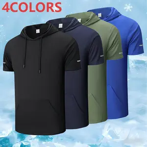Men’s Summer Ice Silk Quick-Dry Hooded Short-Sleeve T-Shirt with Reflective Stripes and Kangaroo Pocket for Running and Fitness